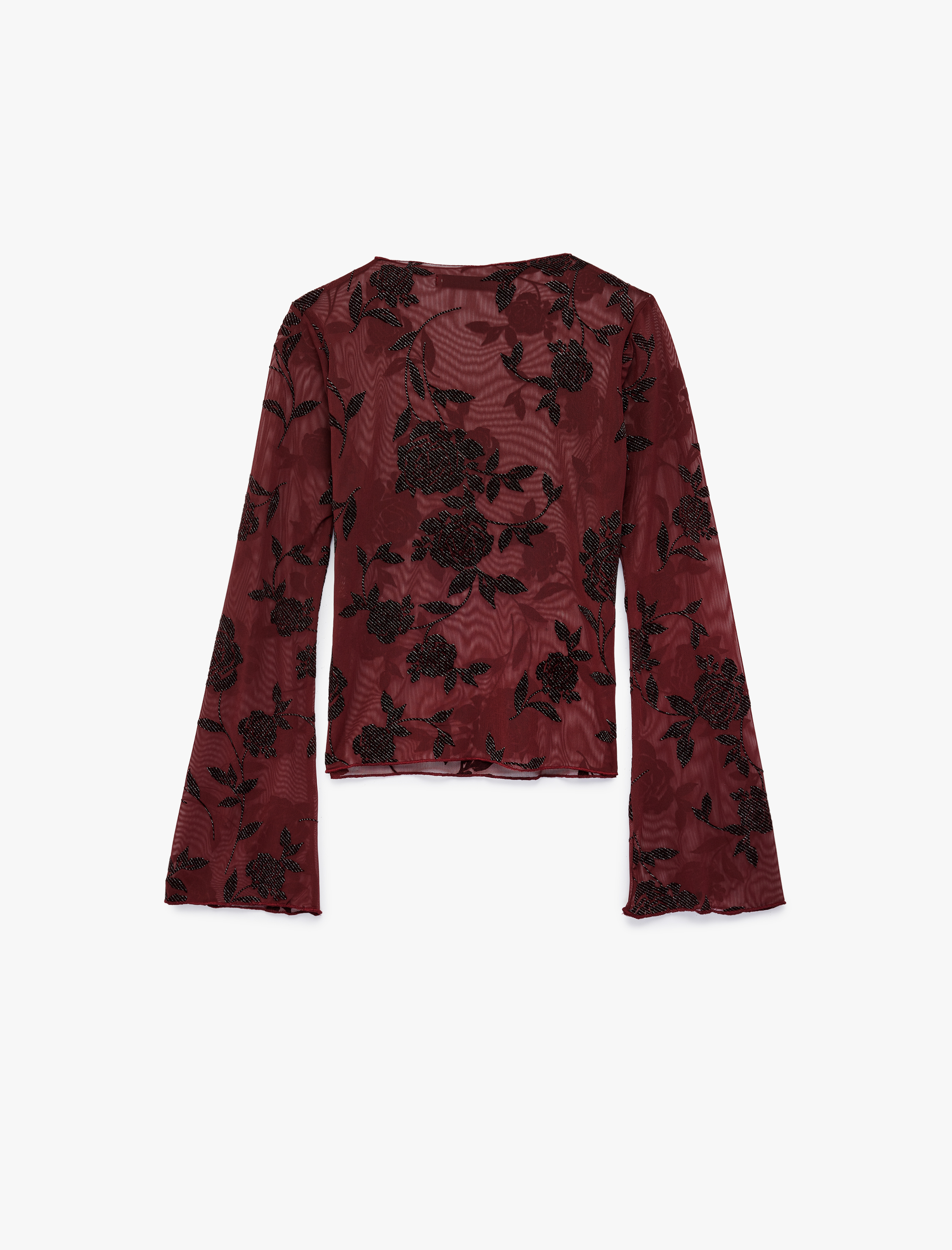   Uzun İspanyol Kollu Parıltılı Çiçek Desenli Tül Transparan Bluz