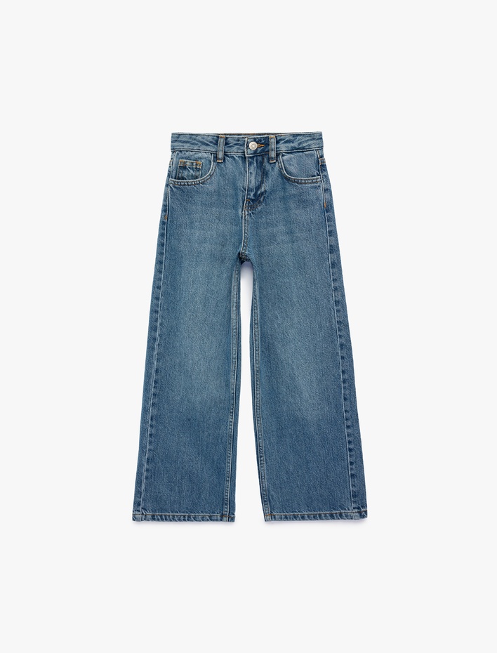 Kız Çocuk Pamuklu Cepli Geniş Paça Denim Pantolon