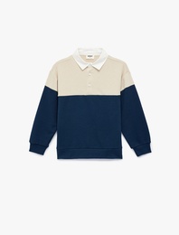 Renk Bloklu Uzun Kollu Pamuk Karışımlı Polo Yaka Sweatshirt