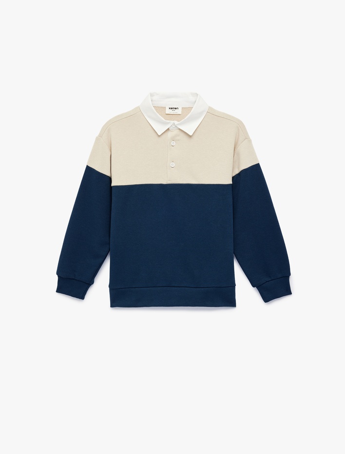 Erkek Çocuk Renk Bloklu Uzun Kollu Pamuk Karışımlı Polo Yaka Sweatshirt
