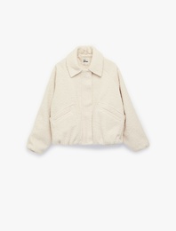 Uzun Kollu Cepli Çıtçıt Düğmeli Gömlek Yaka Buklet Kumaş Crop Kaban