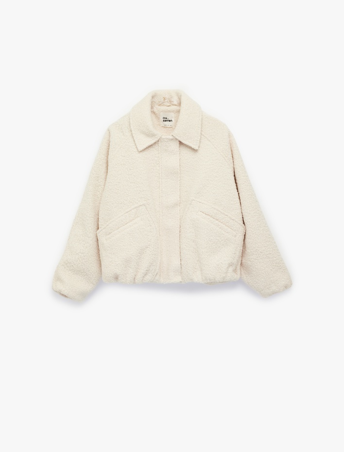  Uzun Kollu Cepli Çıtçıt Düğmeli Gömlek Yaka Buklet Kumaş Crop Kaban