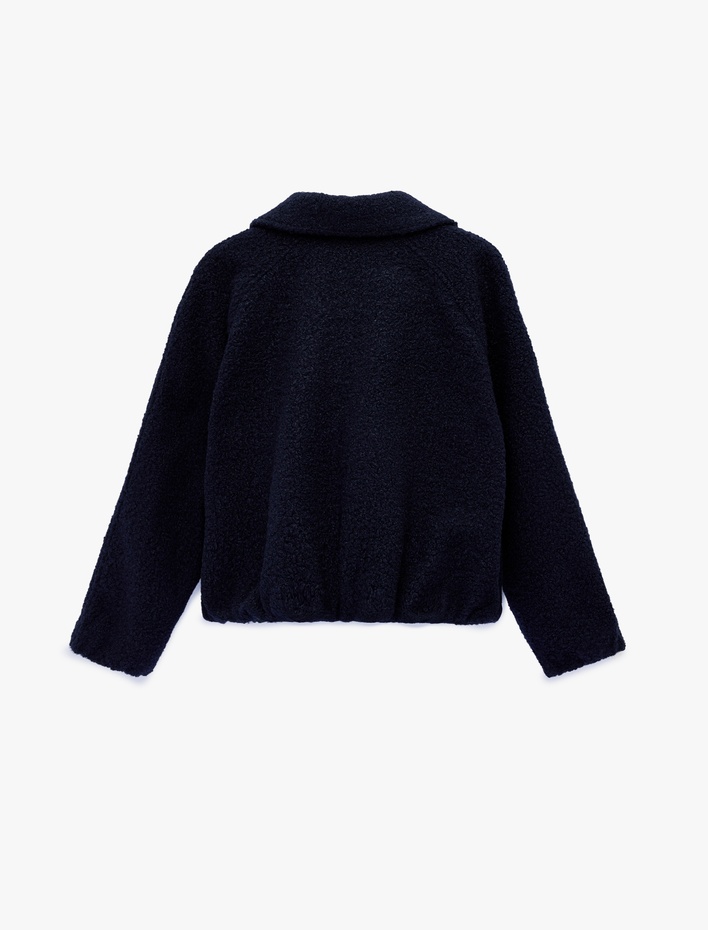  Uzun Kollu Cepli Çıtçıt Düğmeli Gömlek Yaka Buklet Kumaş Crop Kaban