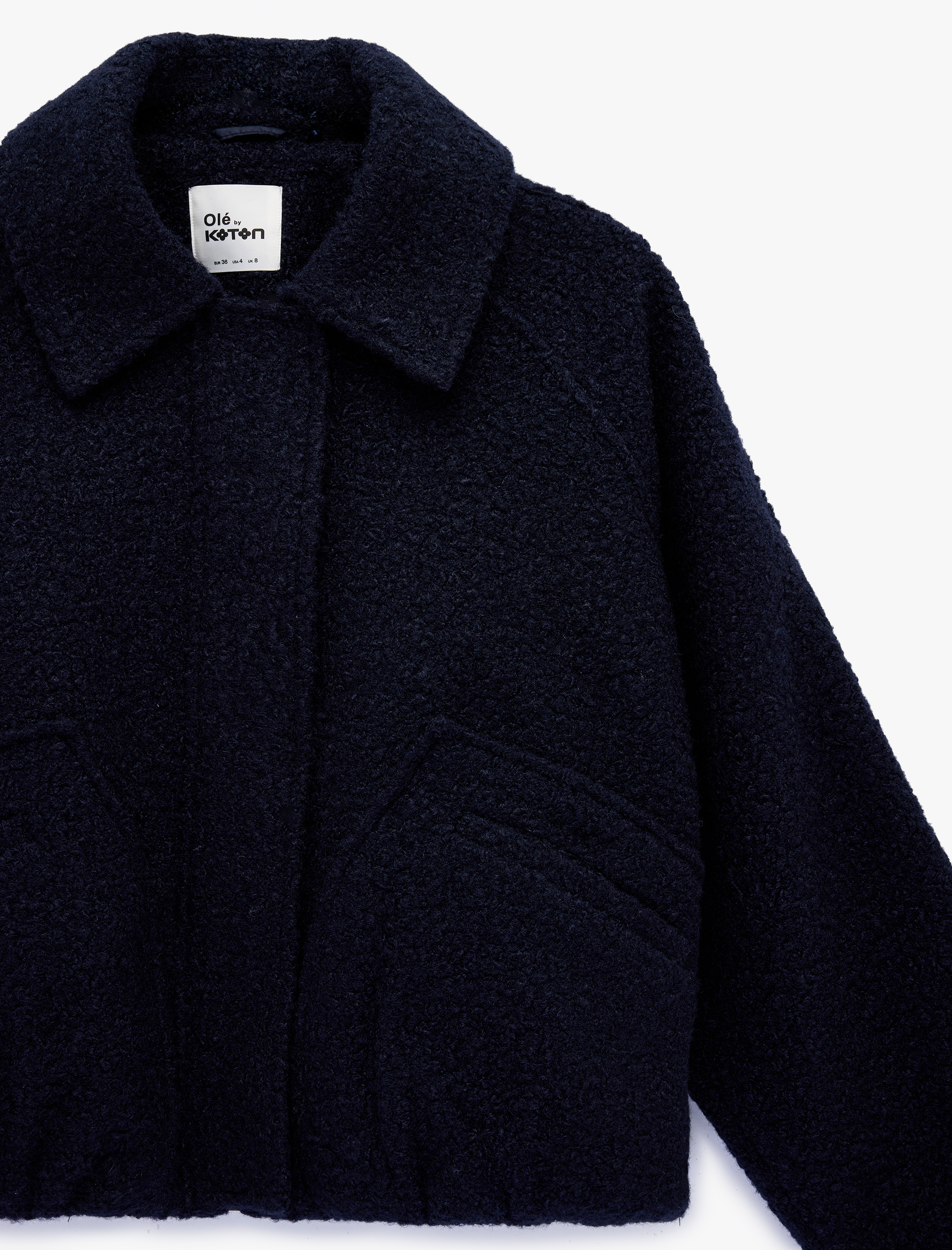   Uzun Kollu Cepli Çıtçıt Düğmeli Gömlek Yaka Buklet Kumaş Crop Kaban