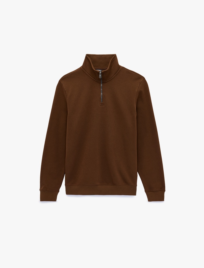  Uzun Kollu Şardonlu Basic Yarım Fermuarlı Sweatshirt