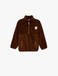 Uzun Kollu Cep Detaylı Baskılı Yarım Fermuarlı Polar Sweatshirt