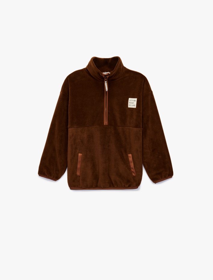 Kız Çocuk Uzun Kollu Cep Detaylı Baskılı Yarım Fermuarlı Polar Sweatshirt