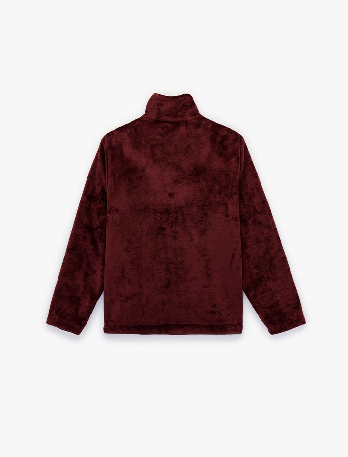  Dik Yaka Fermuarlı Cep Detaylı Oversize Peluş Ceket