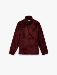 Dik Yaka Fermuarlı Cep Detaylı Oversize Peluş Ceket