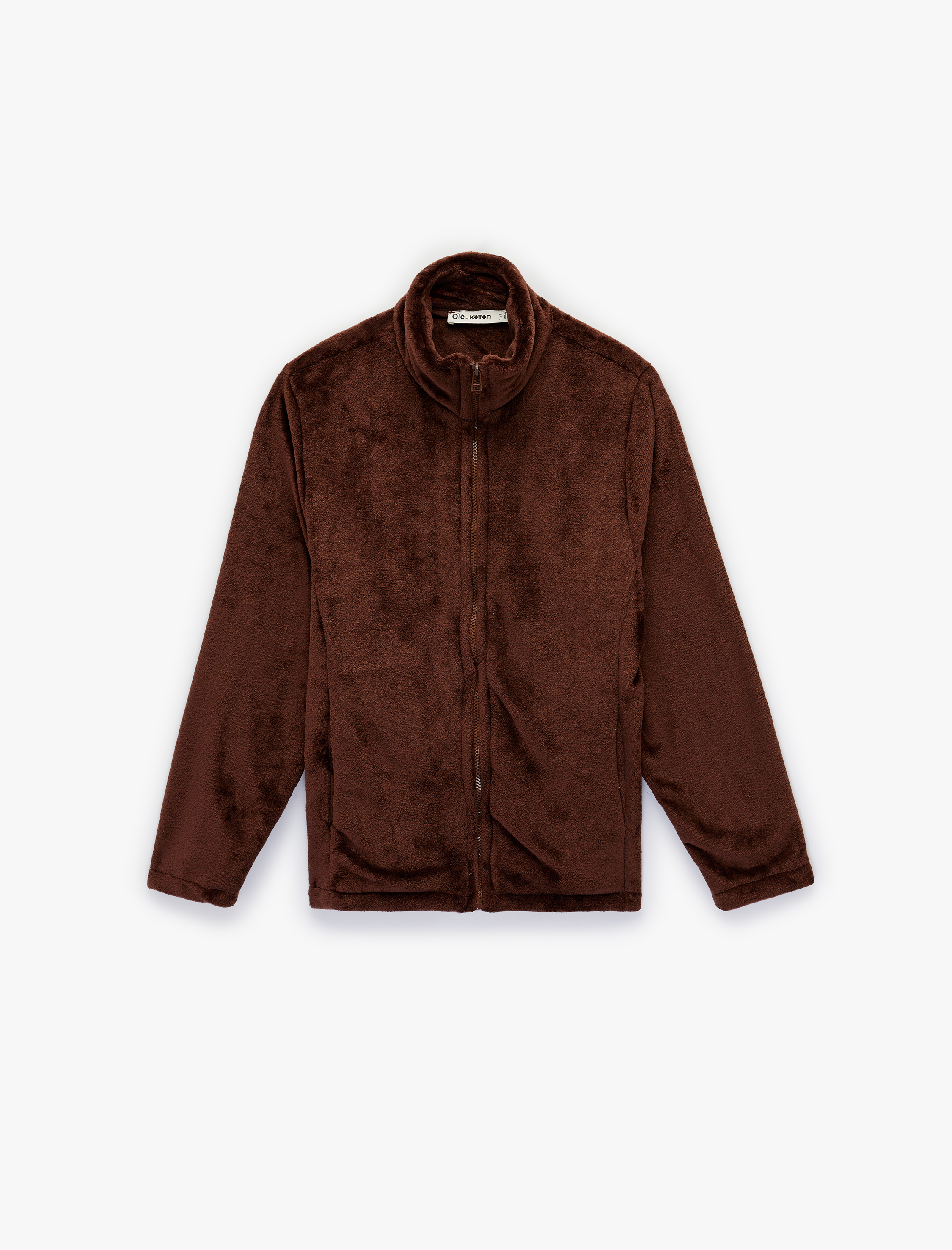   Dik Yaka Fermuarlı Cep Detaylı Oversize Peluş Ceket