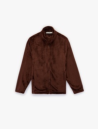 Dik Yaka Fermuarlı Cep Detaylı Oversize Peluş Ceket