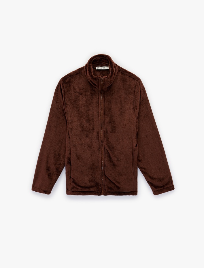  Dik Yaka Fermuarlı Cep Detaylı Oversize Peluş Ceket