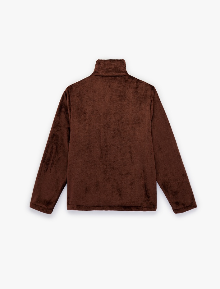  Dik Yaka Fermuarlı Cep Detaylı Oversize Peluş Ceket