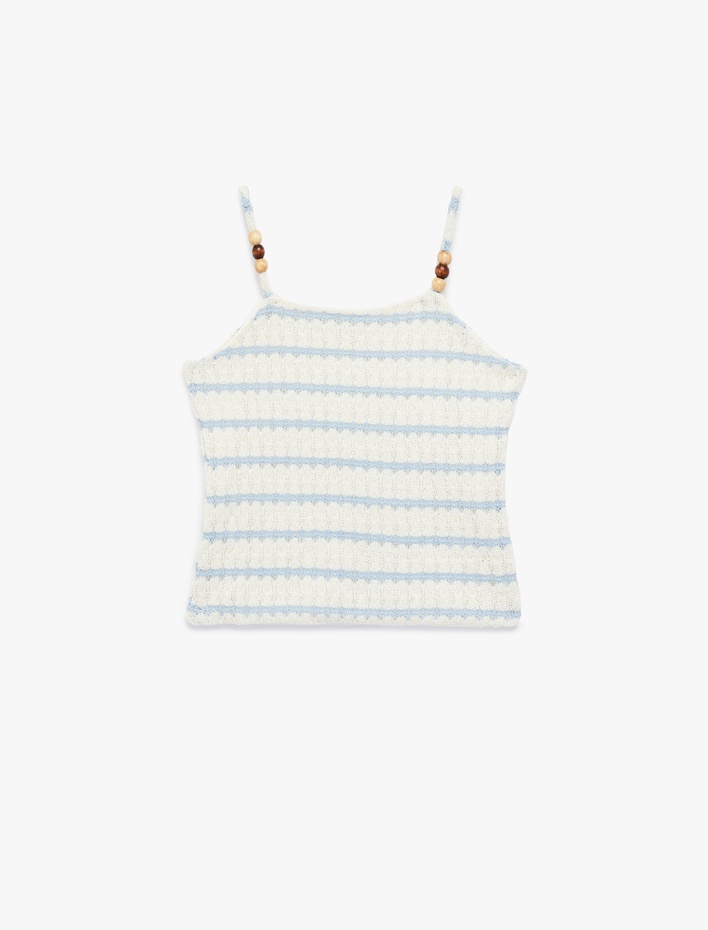 Kız Çocuk Boncuk Detaylı Askılı Bisiklet Yaka Çizgili Atlet