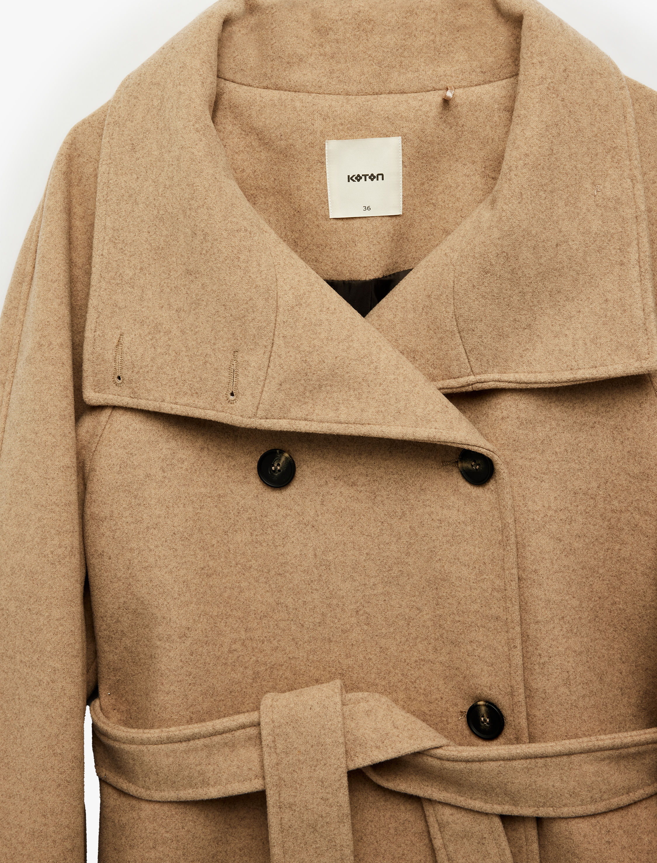   Uzun Kollu Cepli Kruvaze Dik Yaka Kemerli Uzun Kaşe Kaban