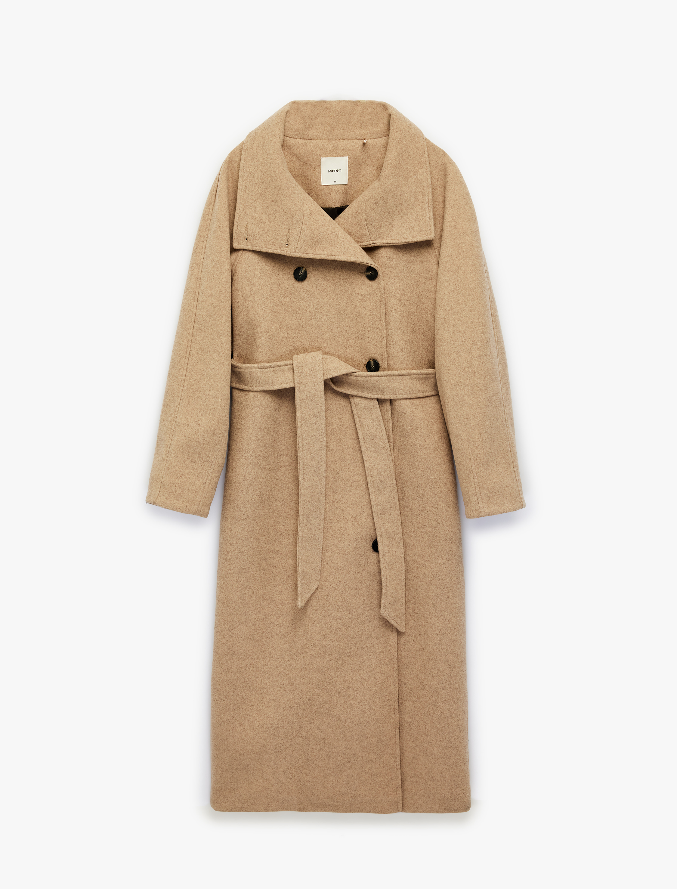   Uzun Kollu Cepli Kruvaze Dik Yaka Kemerli Uzun Kaşe Kaban