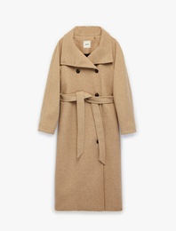 Uzun Kollu Cepli Kruvaze Dik Yaka Kemerli Uzun Kaşe Kaban