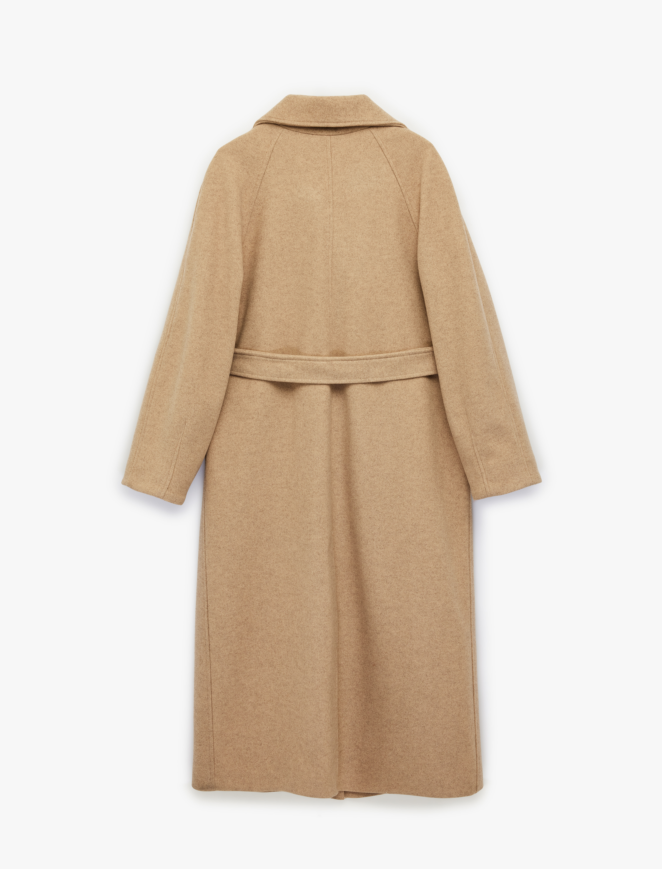   Uzun Kollu Cepli Kruvaze Dik Yaka Kemerli Uzun Kaşe Kaban