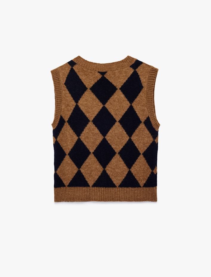  V Yaka Kolsuz Baklava Desenli Triko Süveter