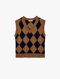 V Yaka Kolsuz Baklava Desenli Triko Süveter