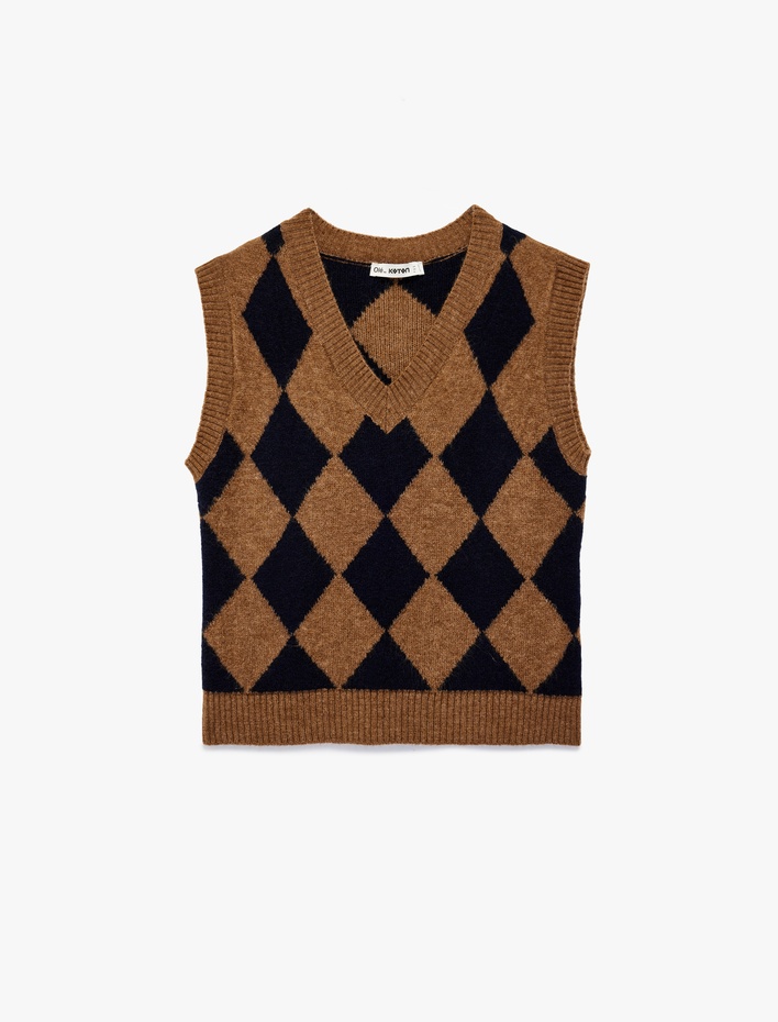  V Yaka Kolsuz Baklava Desenli Triko Süveter