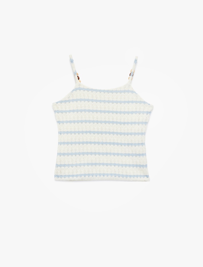 Kız Çocuk Boncuk Detaylı Askılı Bisiklet Yaka Çizgili Atlet