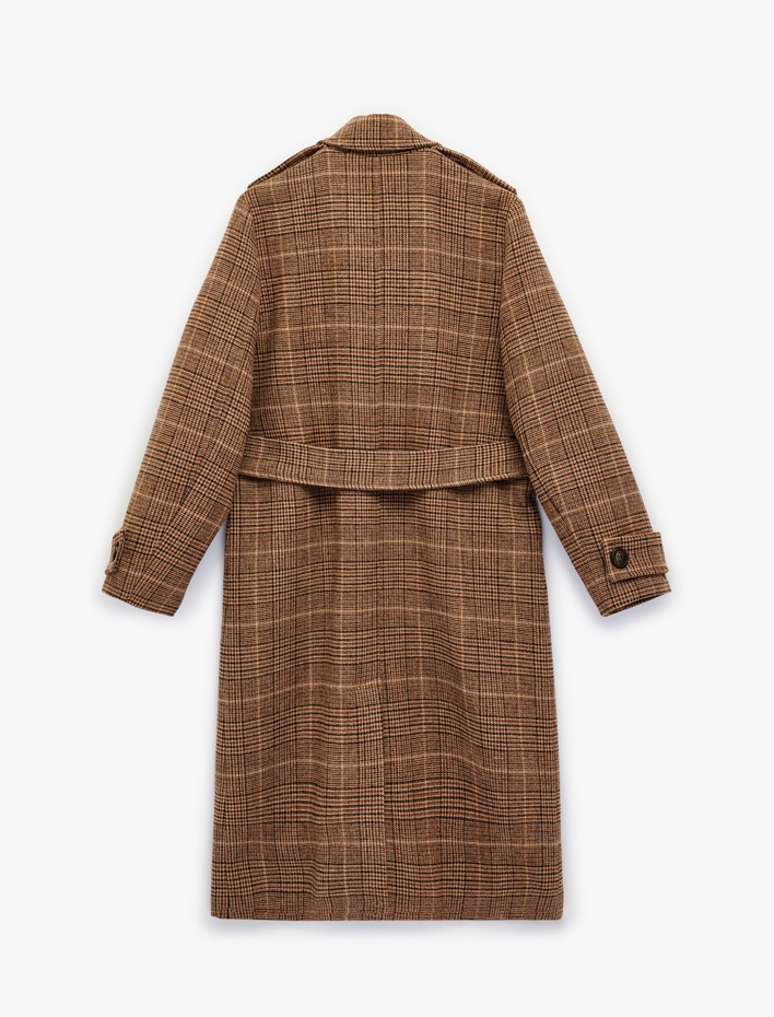  Kemerli Kaşe Ekose Kaban Düğmeli Cepli Uzun Kollu