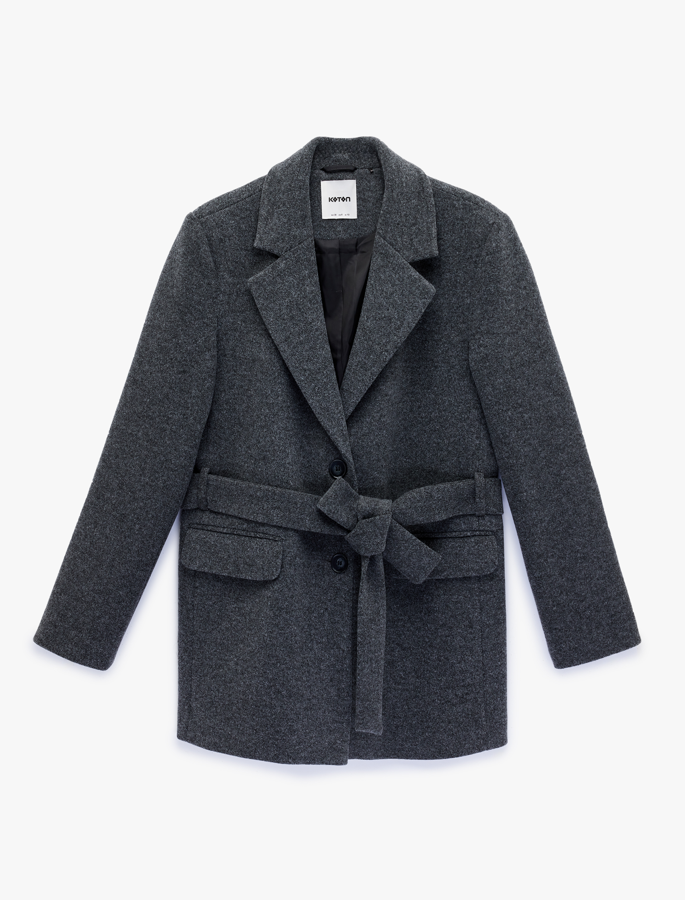   Kuşak Detaylı Uzun Kollu Cepli Kaşe Kaban