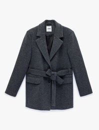 Kuşak Detaylı Uzun Kollu Cepli Kaşe Kaban