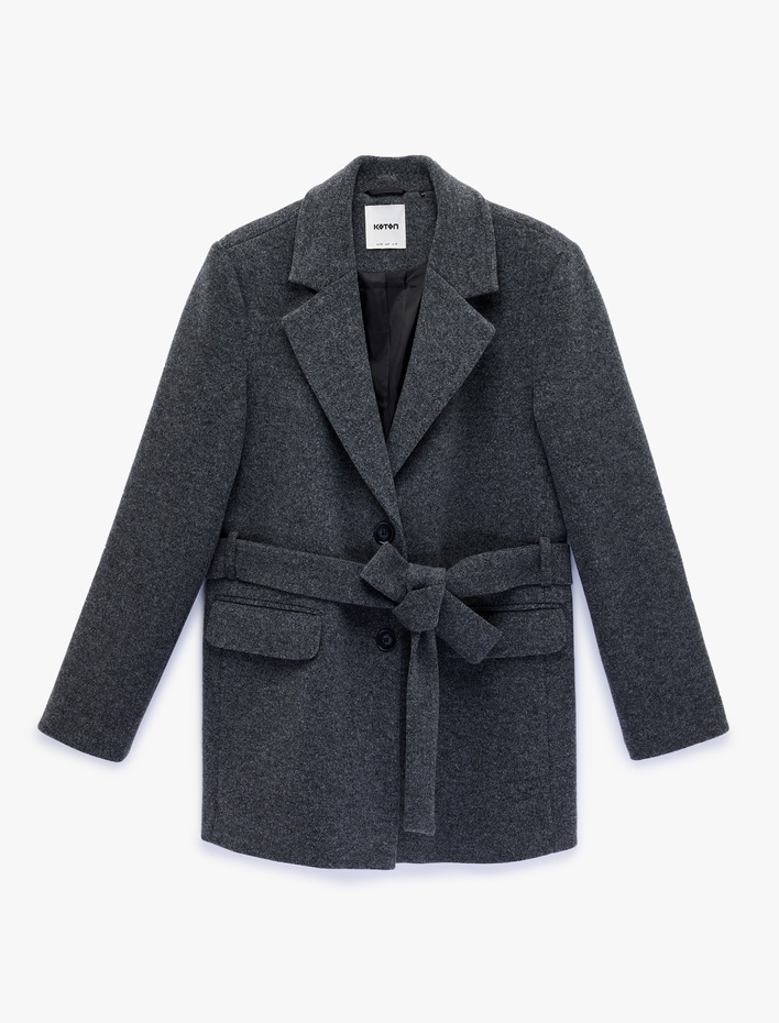  Kuşak Detaylı Uzun Kollu Cepli Kaşe Kaban