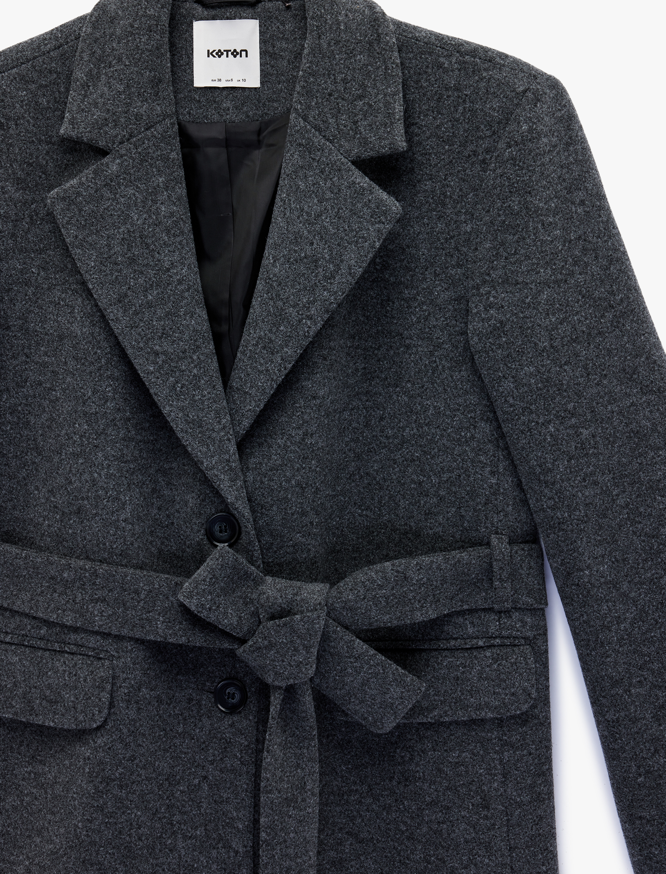   Kuşak Detaylı Uzun Kollu Cepli Kaşe Kaban