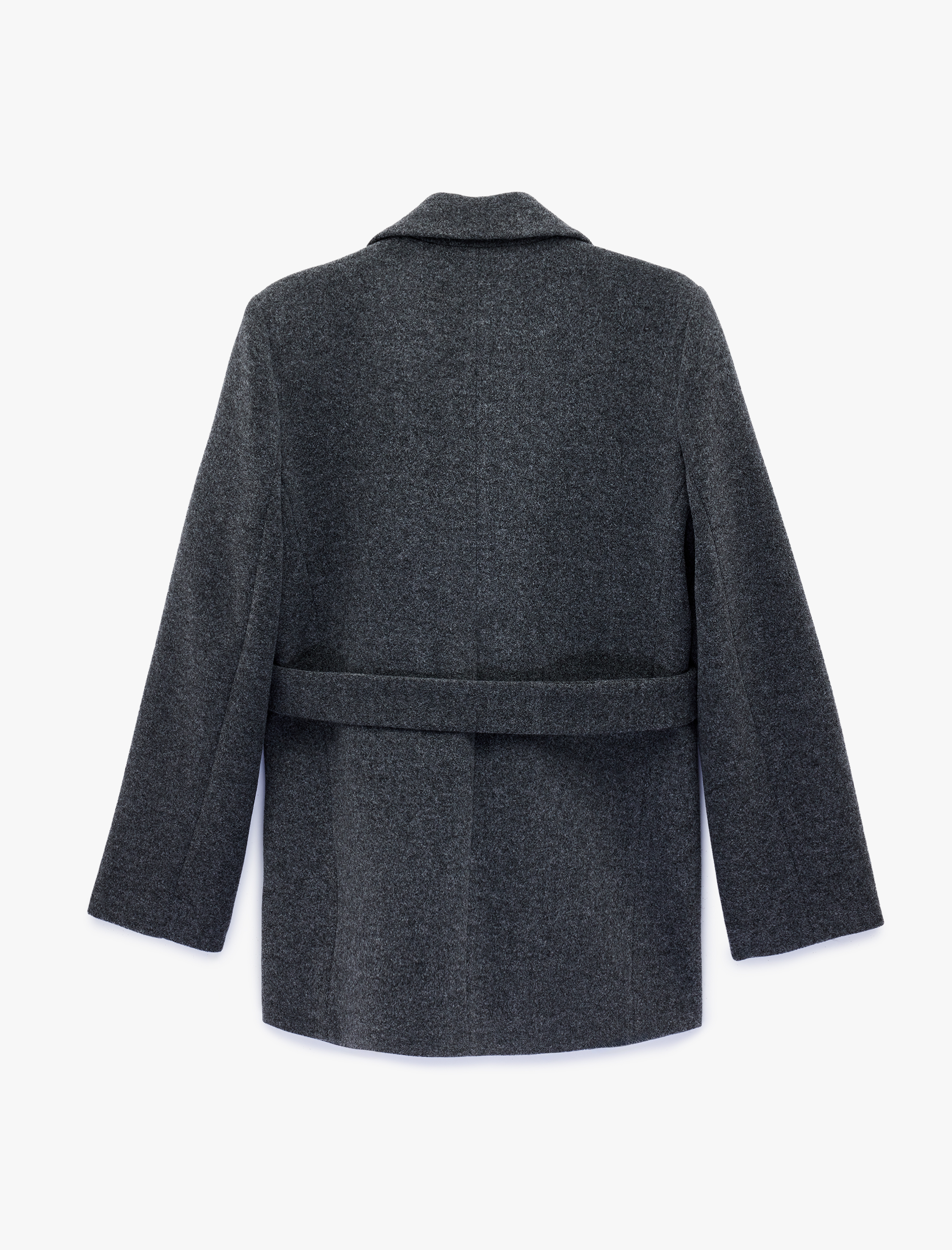   Kuşak Detaylı Uzun Kollu Cepli Kaşe Kaban