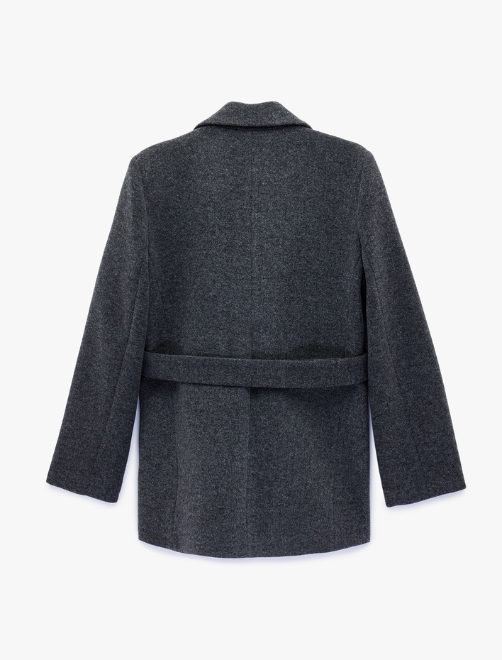  Kuşak Detaylı Uzun Kollu Cepli Kaşe Kaban