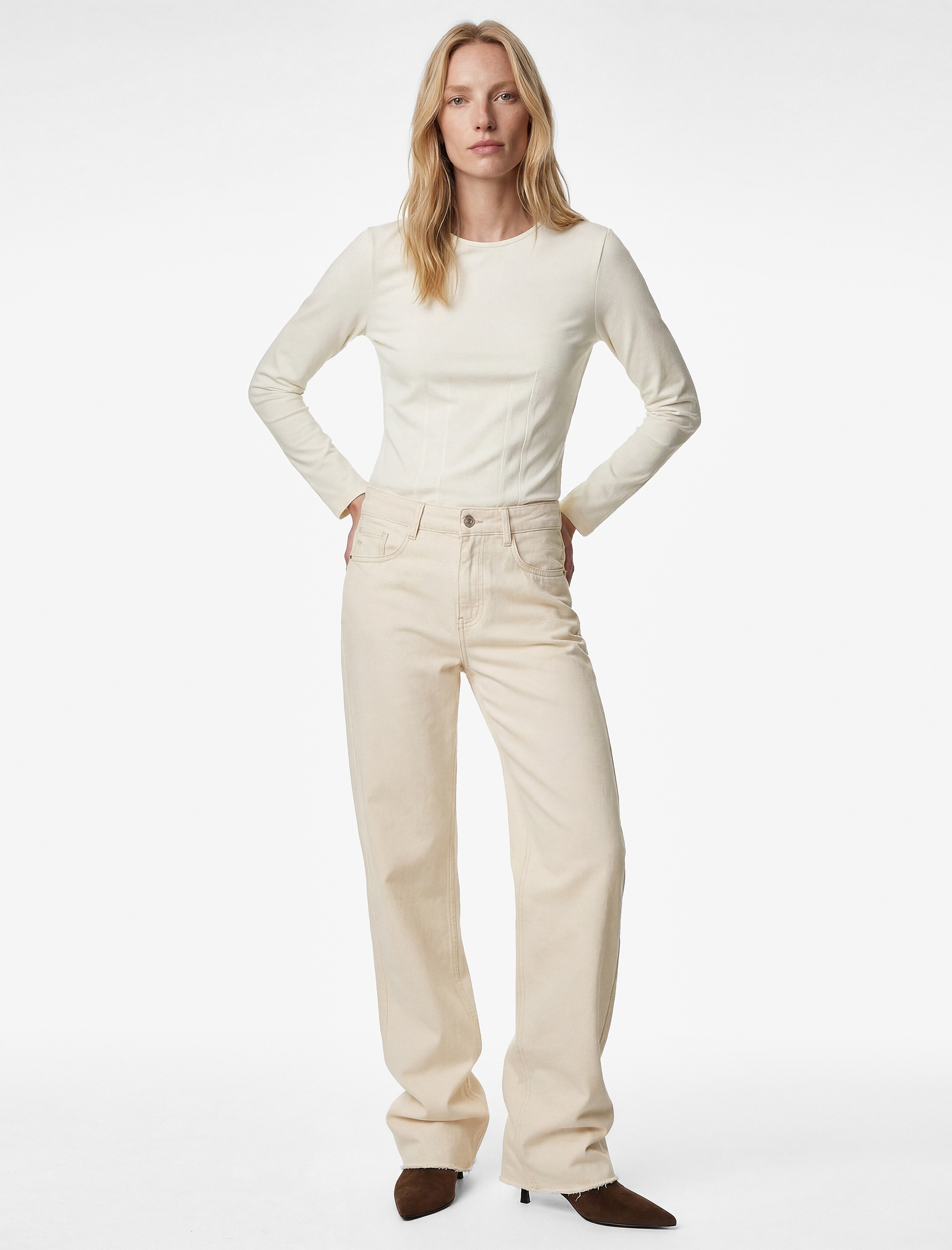   Pamuklu Slim Fit Dikiş Detaylı Uzun Kollu Bisiklet Yaka Tişört