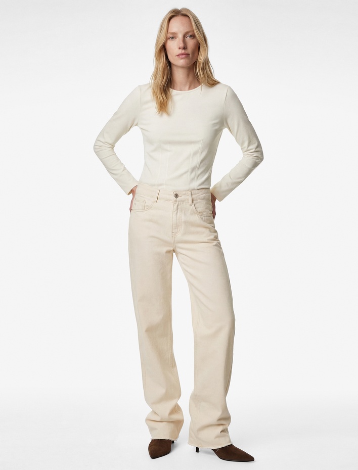  Pamuklu Slim Fit Dikiş Detaylı Uzun Kollu Bisiklet Yaka Tişört