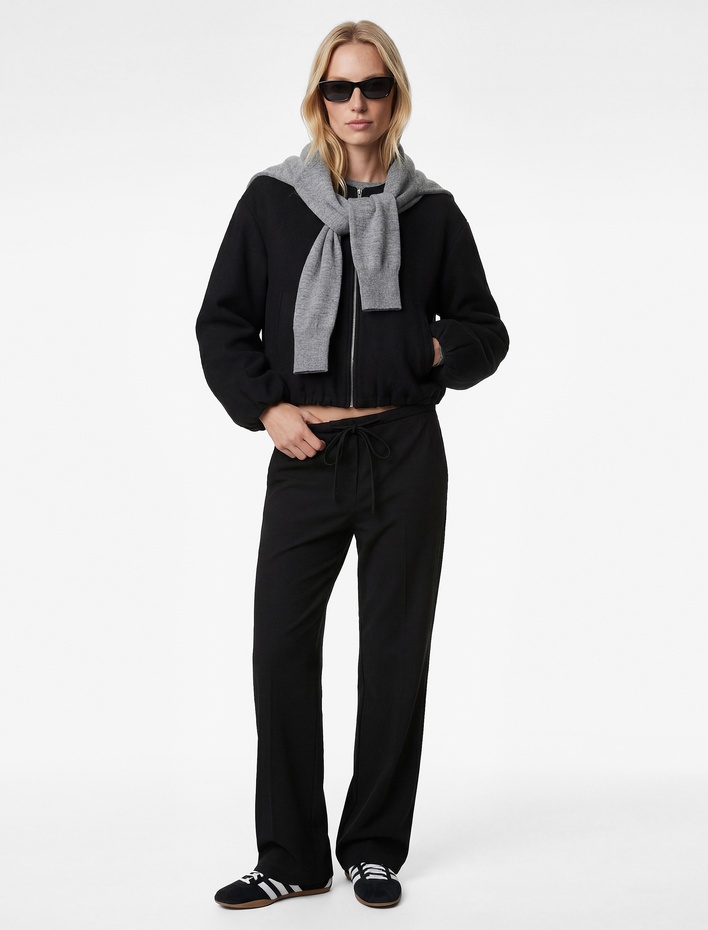  Beli Bağcıklı Düz Bol Paça Pantolon