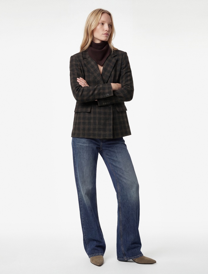  Koton X Melis Ağazat - Uzun Kollu Kruvaze Cepli Ekose Oversize Blazer Ceket