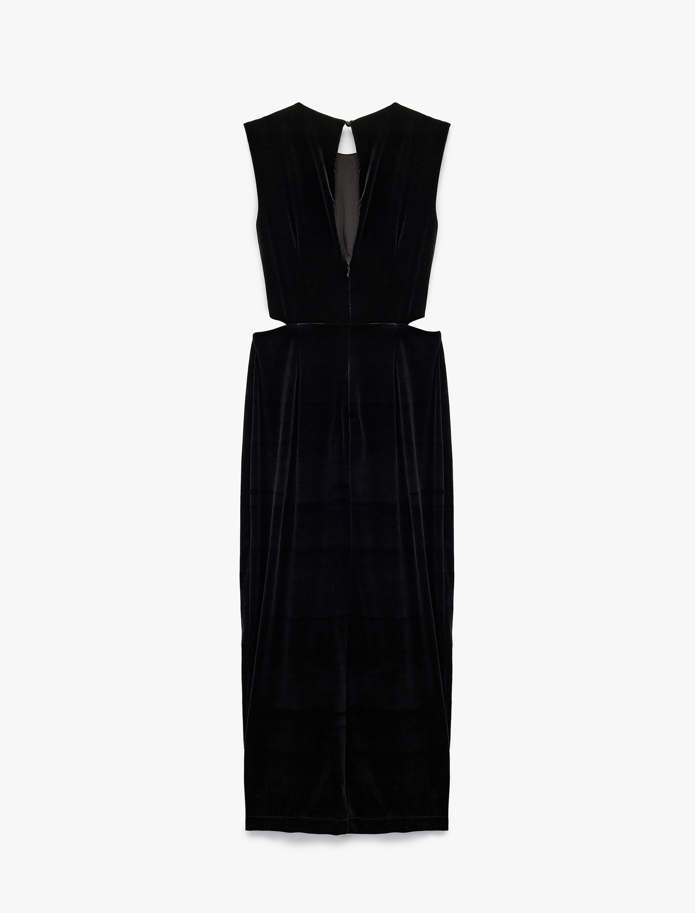   Aksesuarlı Pencere Detaylı Kolsuz Bisiklet Yaka Midi Boy Kadife Elbise