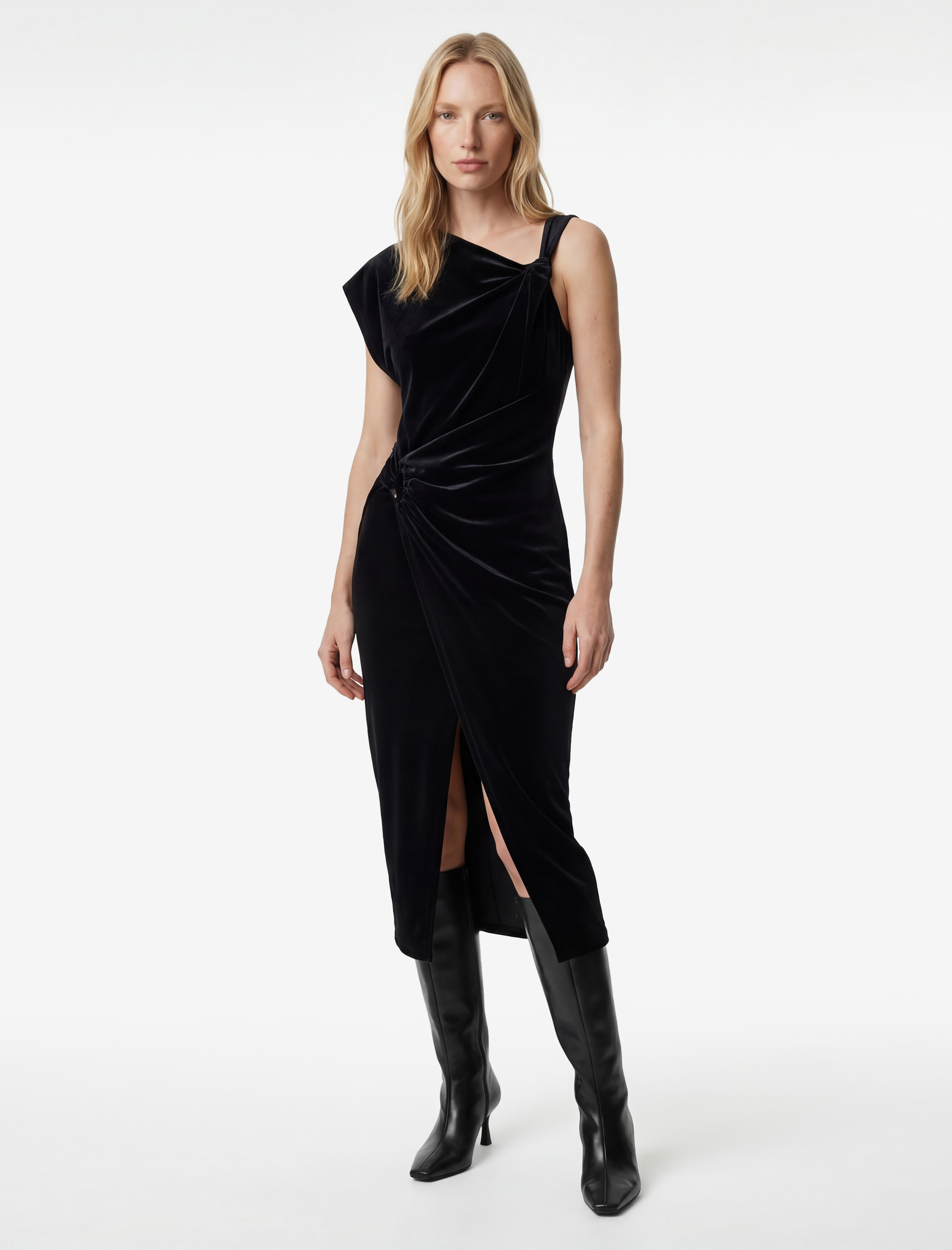   Slim Fit Asimetrik Yaka Düğüm Detaylı Kruvaze Kadife Elbise