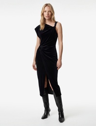 Slim Fit Asimetrik Yaka Düğüm Detaylı Kruvaze Kadife Elbise