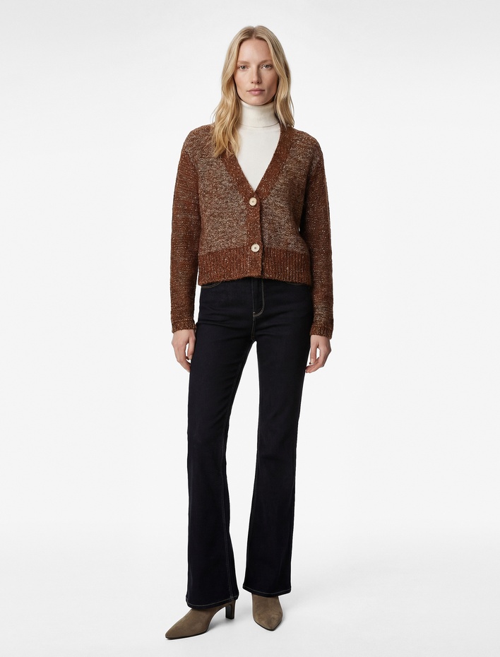  Koton X Melis Ağazat - Uzun Kollu V Yaka Pullu Payetli Parıltılı Triko Crop Hırka