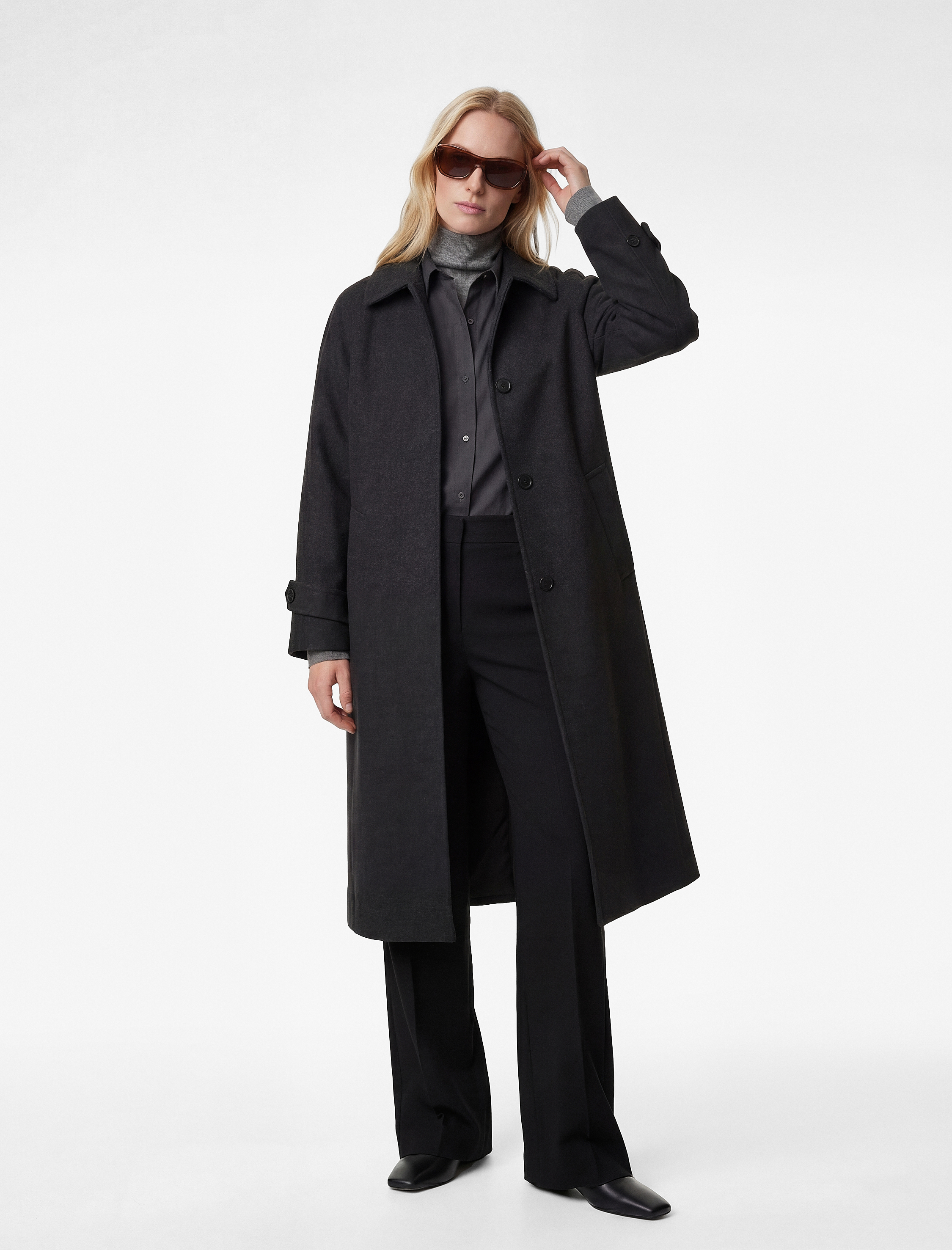   Uzun Kemerli Kaşe Kaban Uzun Kollu Düğmeli Cepli