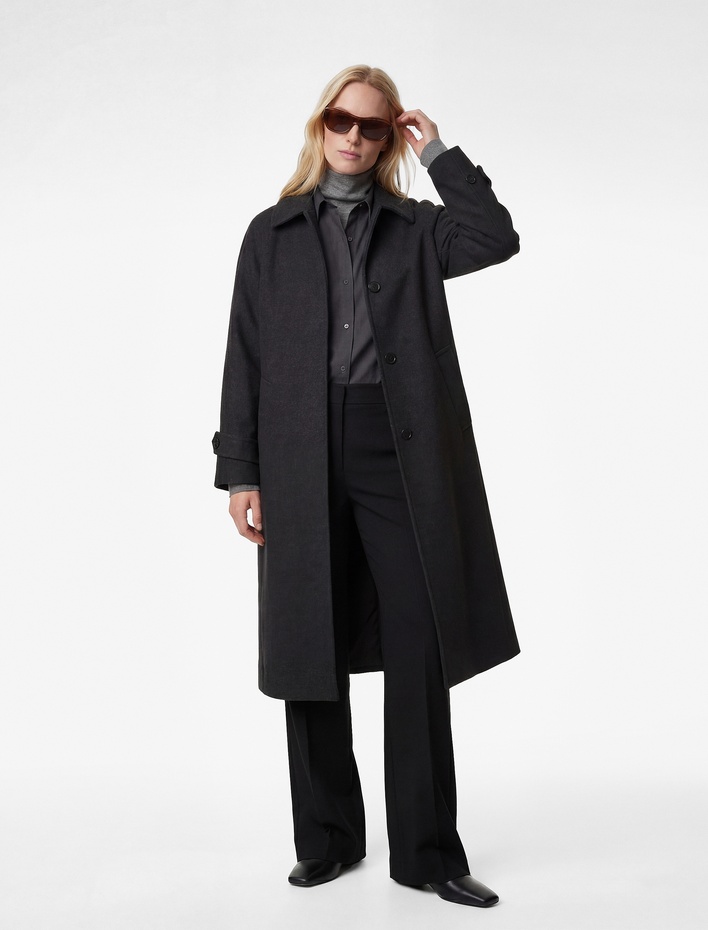  Uzun Kemerli Kaşe Kaban Uzun Kollu Düğmeli Cepli