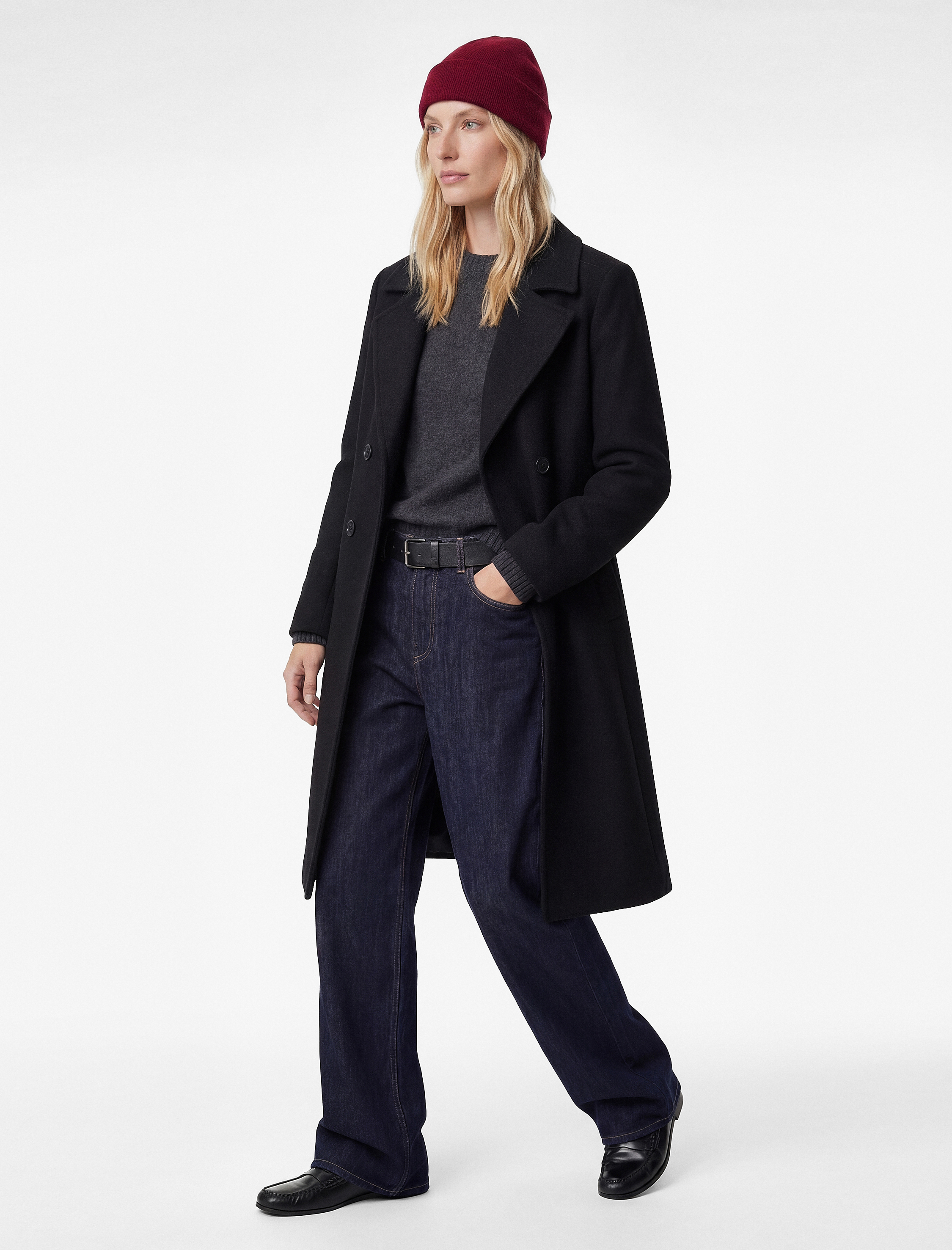   Uzun Kollu Düğmeli Kruvaze Kaşe Kaban