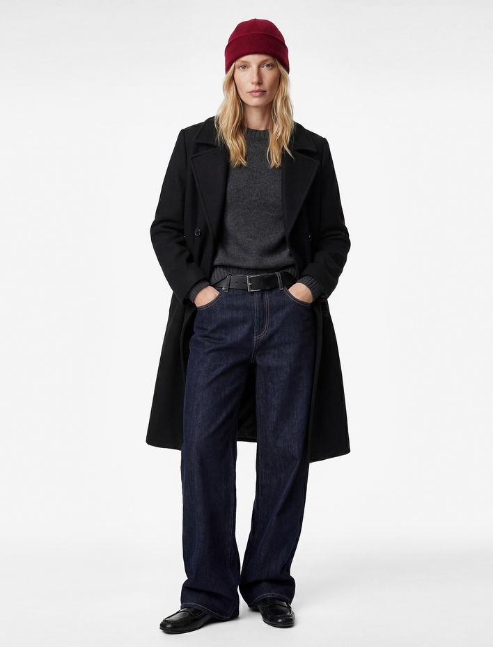  Uzun Kollu Düğmeli Kruvaze Kaşe Kaban