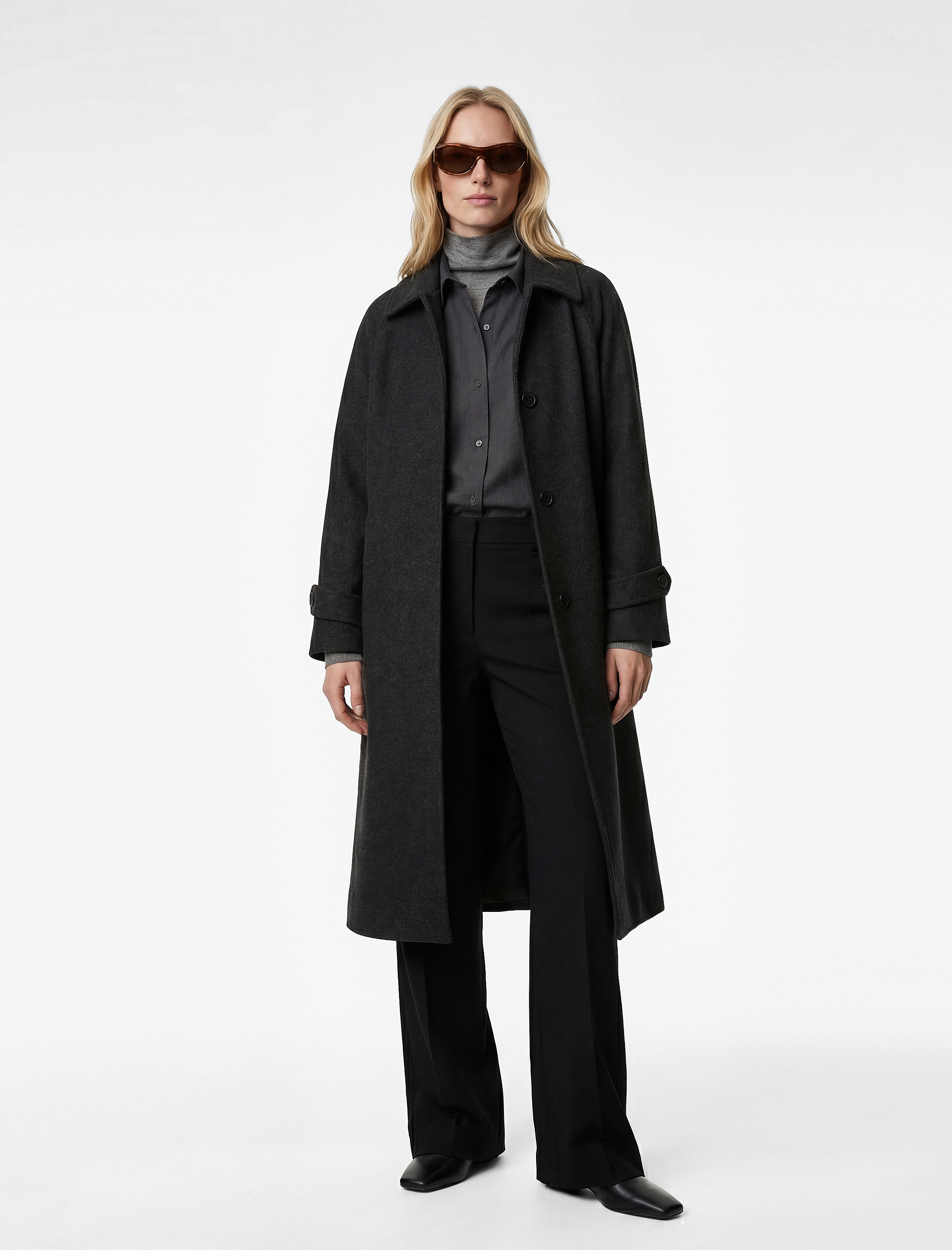   Uzun Kemerli Kaşe Kaban Uzun Kollu Düğmeli Cepli