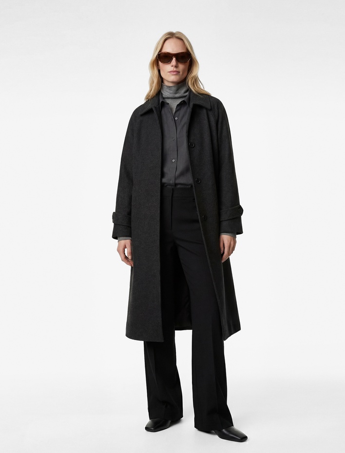  Uzun Kemerli Kaşe Kaban Uzun Kollu Düğmeli Cepli