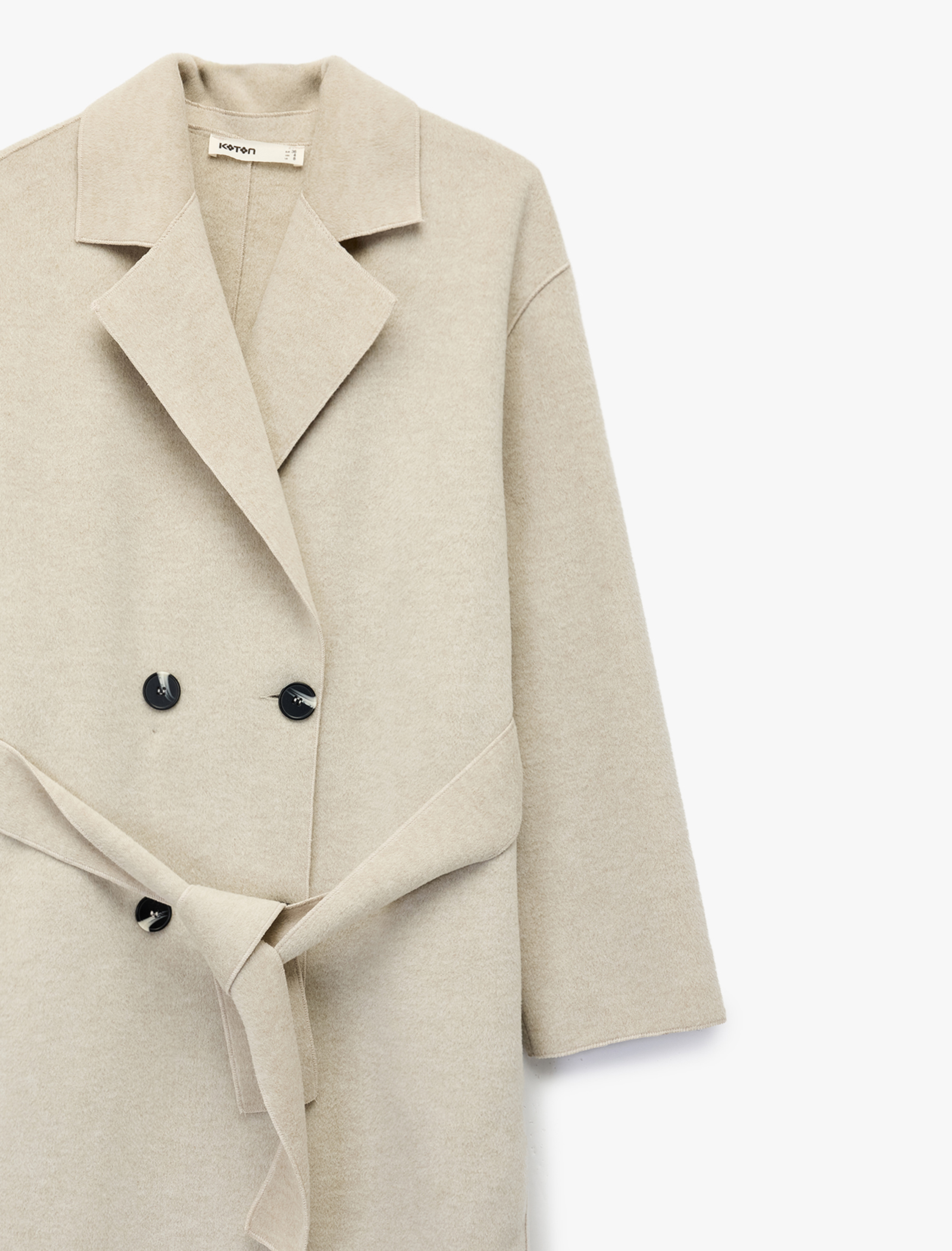   Kuşak Detaylı Düğmeli Kruvaze Uzun Kollu Kaşe Kaban