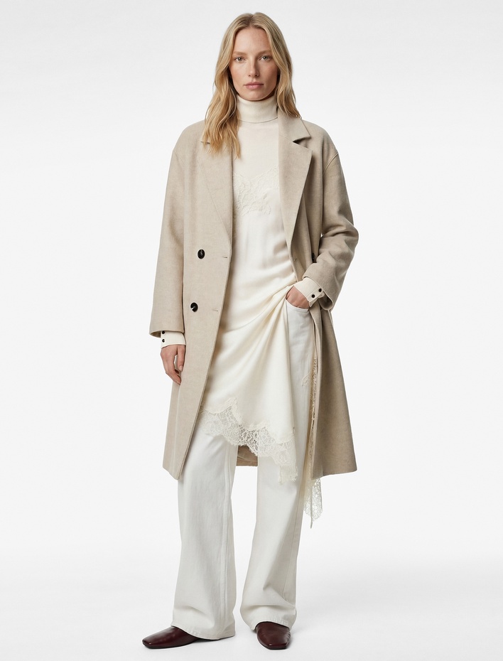  Kuşak Detaylı Düğmeli Kruvaze Uzun Kollu Kaşe Kaban