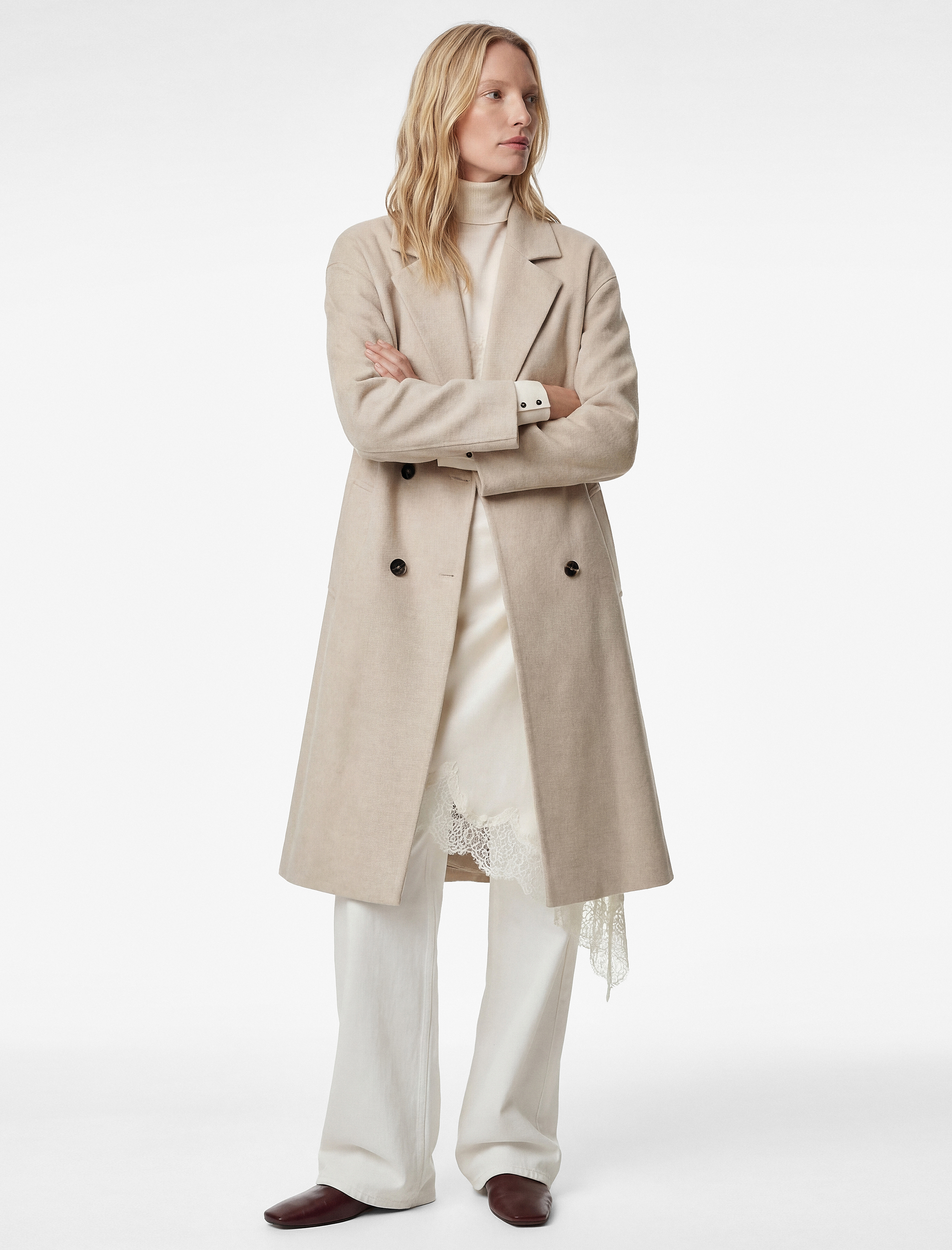   Kuşak Detaylı Düğmeli Kruvaze Uzun Kollu Kaşe Kaban